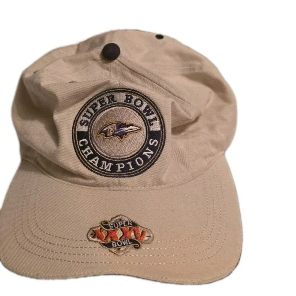 Vintage Baltimore Ravens Super Bowl XXXV 35 Champions Hat Cap Tan Navy Y2K NFL